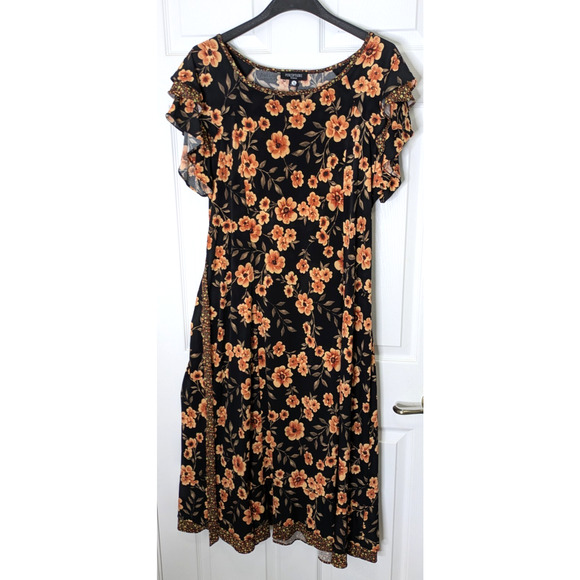 Perceptions Dresses & Skirts - Perceptions Womens Dress Black Floral 1X Short Sleeve Belted